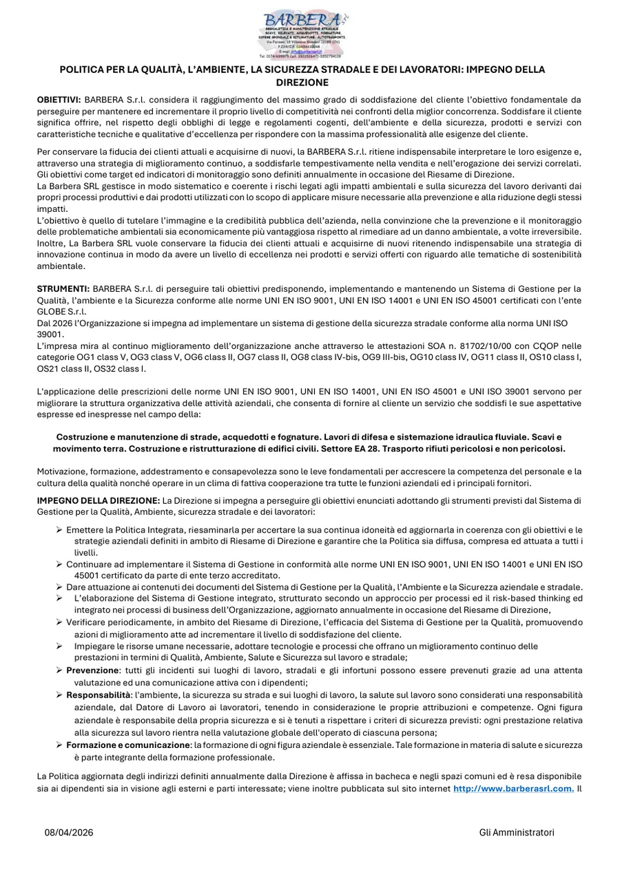 Anteprima: Politica integrata qualità, ambiente e sicurezza