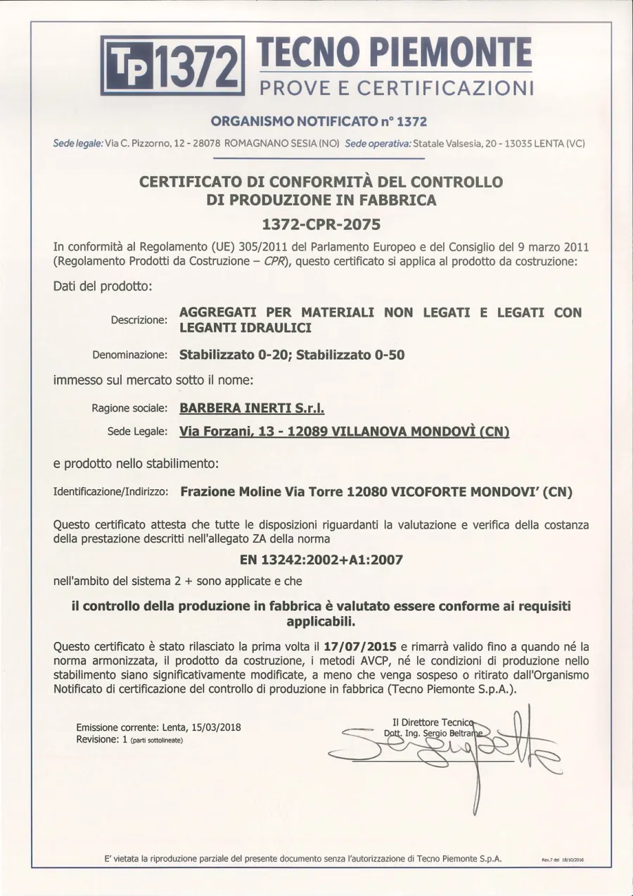 Anteprima: Marcatura CE aggregati per opere civili e strade · 1372-CPR-2075
