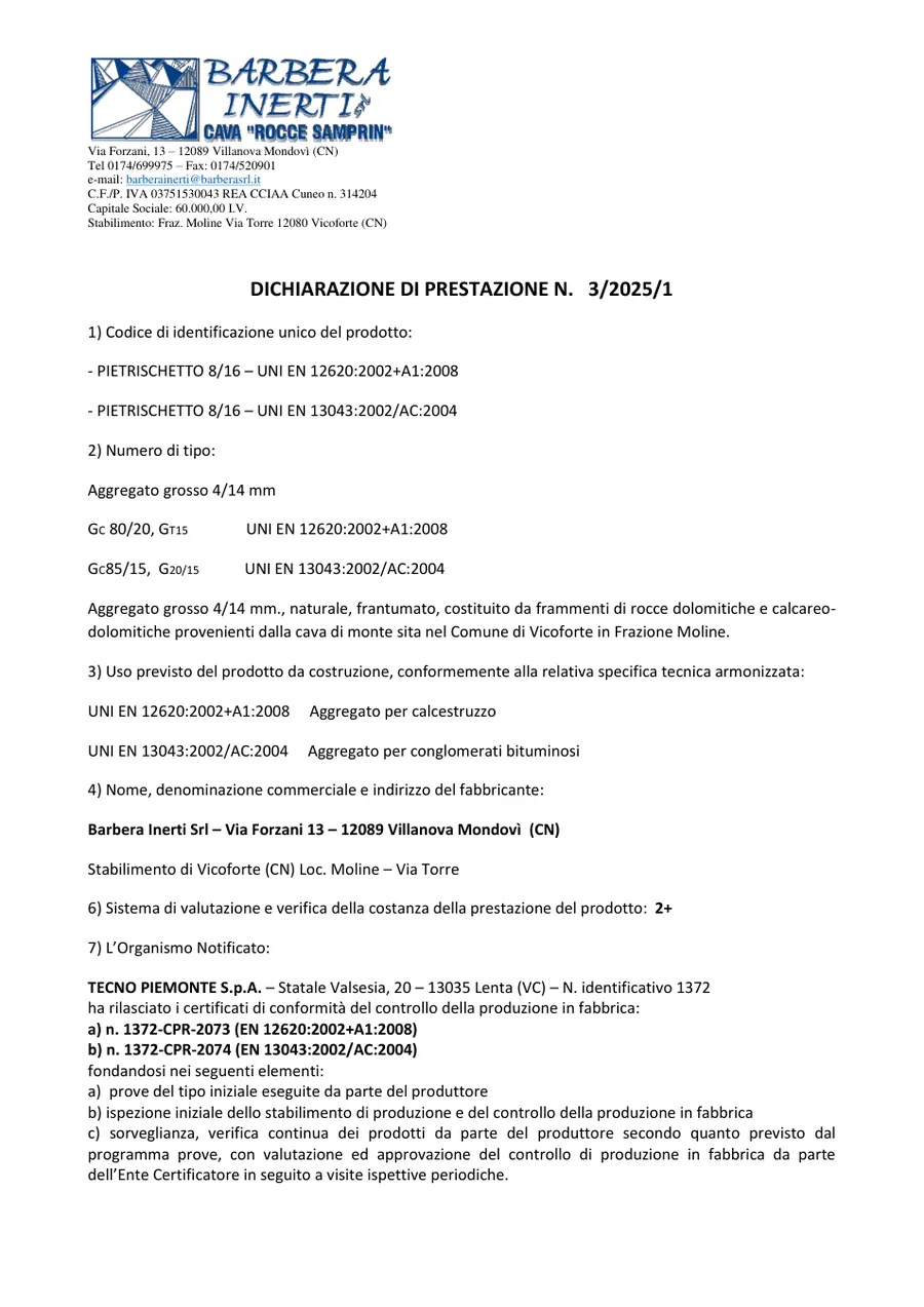 Anteprima: DoP n. 3/2025/1 · Pietrischetto 8/16