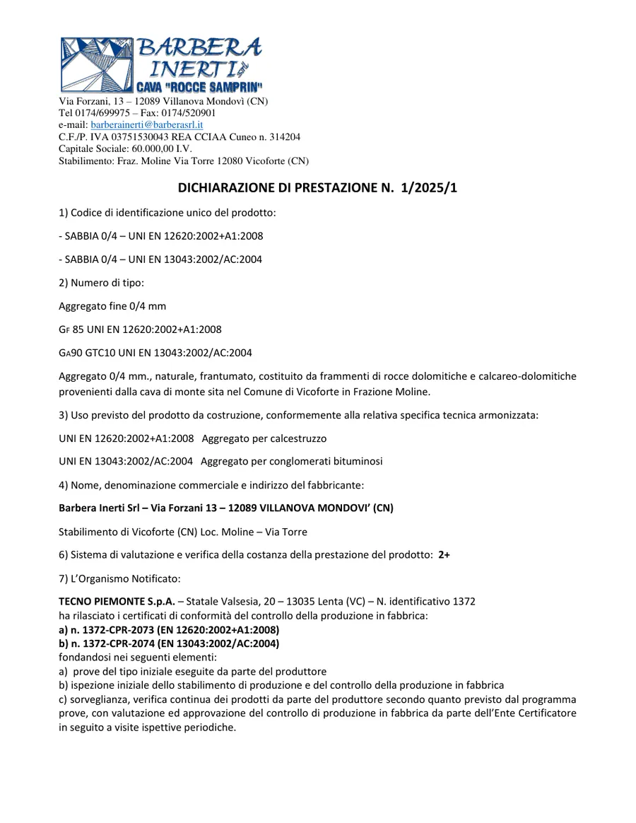 Anteprima: DoP n. 1/2025/1 · Sabbia 0/4